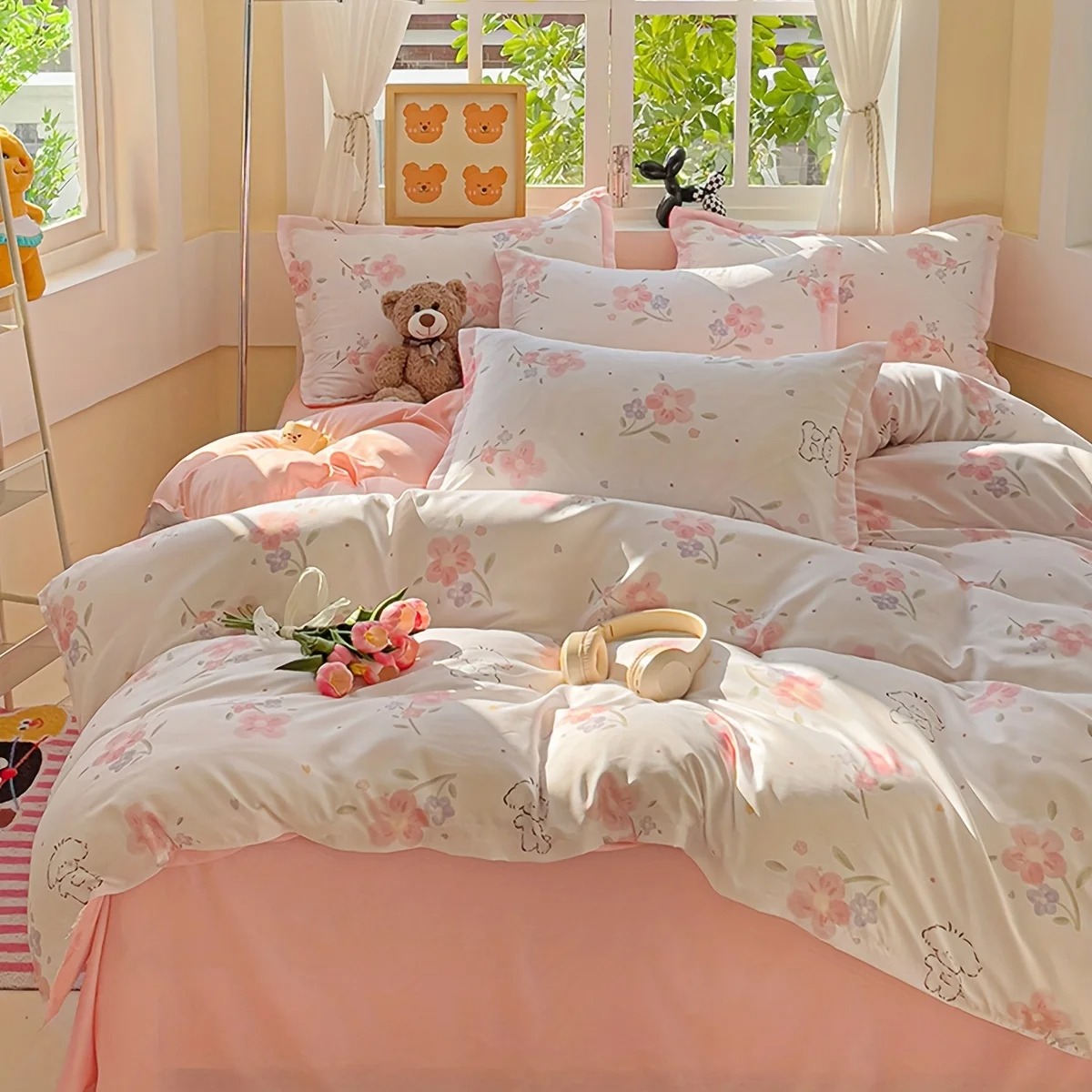Duvet Cover Sets With Zipper - 4点セット ソフト無地花柄植物プリントキルトカバーセット、羽毛布団カバー1枚、枕カバー2枚、フラットシーツ1枚、芯なしジッパー開閉式