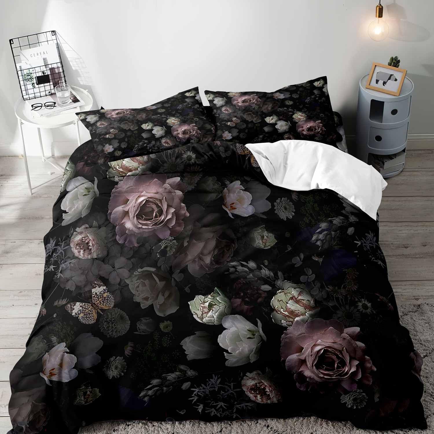 Aesthetic Floral Duvet Cover - ブラックフローラル布団カバークイーン寝具セット、ゴシック寝具、ダークムーディビクトリア朝の美的レトロガーデンブロッサムボタニカルヴィンテージ