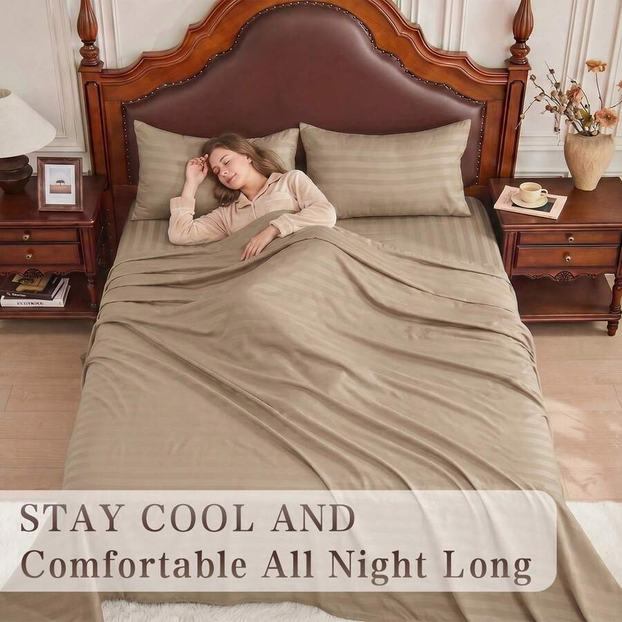 Fitted Bed Sheets Deep Pocket - ストライプ柄クーリングシーツセット キングサイズ - フィットシーツ＆枕カバーセット 4点セット -