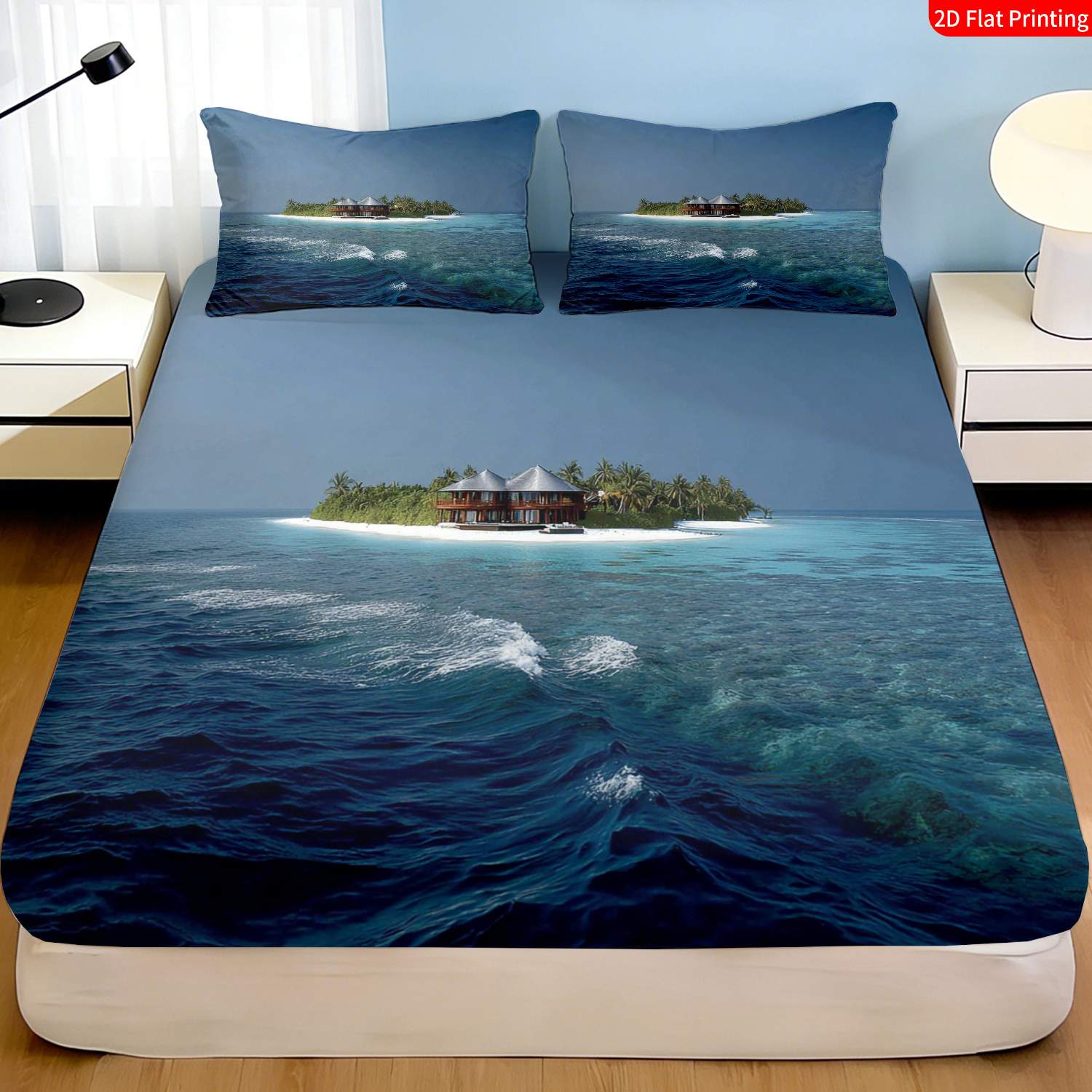 Fitted Bed Sheets Deep Pocket - トロピカルアイランド寝具セット ヤシの木と水上小屋プリントのベッドシーツと枕カバー ブルーとホワイトの3ピース寝具セット（フィットシーツ1枚+枕カバー2枚） 3ピースセット、深いポケット付き2Dプリントフィットシーツと枕カバー2枚、マットレスプロテクター、フィット感のある伸縮性のあるスタイル、保護カバー、マットレスプロテクター、オールシーズン対応、洗濯機で洗えるデザイン、ホリデーデコレーション、様々なサイズ、通気性のある保護カバー（枕カバー付き）