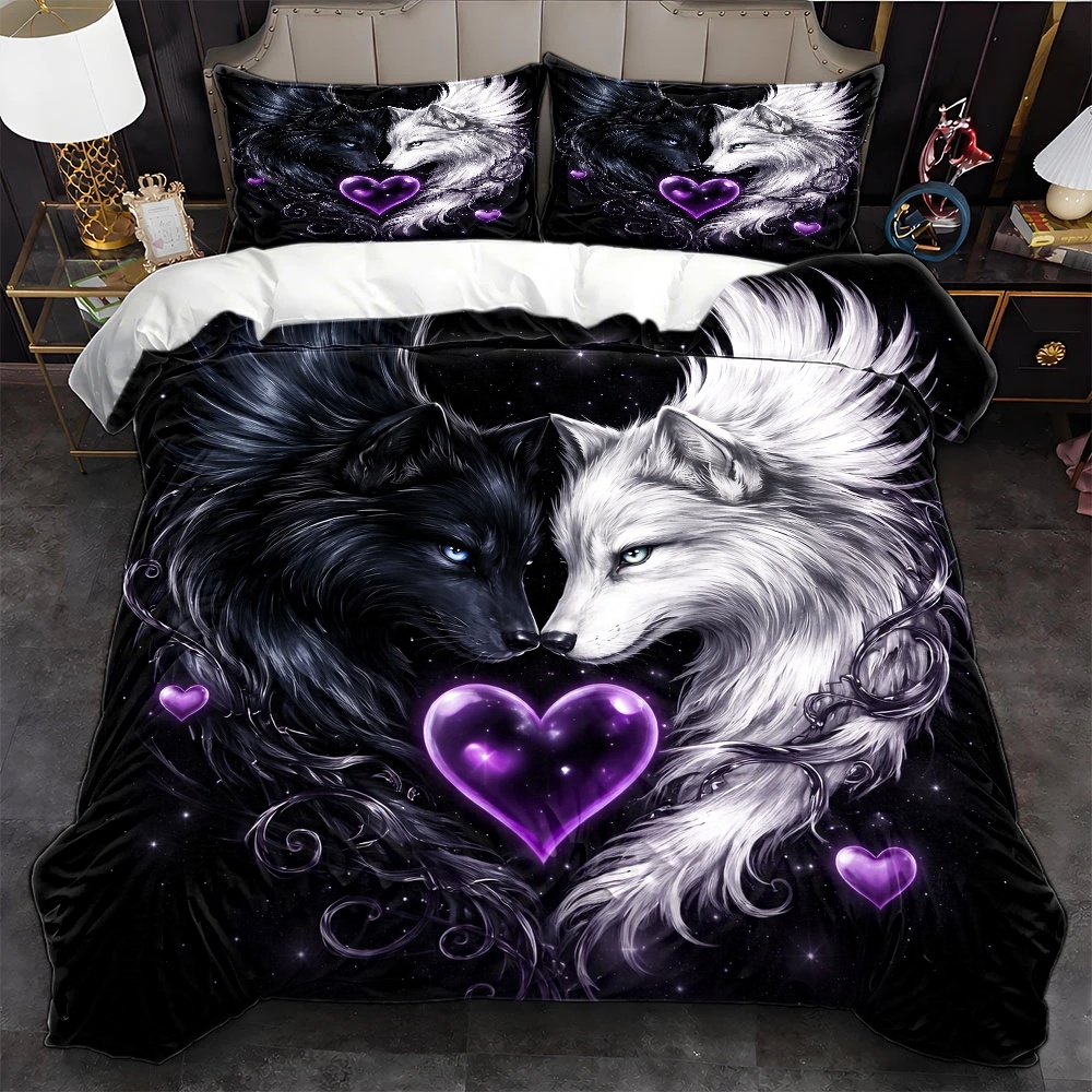 Duvet Cover Sets With Zipper - 3ピース人気商品黒と白のダブルウルフハートプリント布団カバーセット、3ピース寝具セット（1*布団カバー+2*枕カバー）、オールシーズン対応、洗濯機洗い可能、目に見えないジッパー付きダブルベッドカバー、自宅、寮、マスターベッドルーム、ゲストルームに最適、夢のような星空動物柄寝具セット、複数の環境に適した大型布団カバーセット、パーソナライズされたトレンディな寝具で睡眠の雰囲気を向上、柔らかい肌に優しい生地で快適な睡眠空間を作り出す、人気の寝室装飾寝具セット