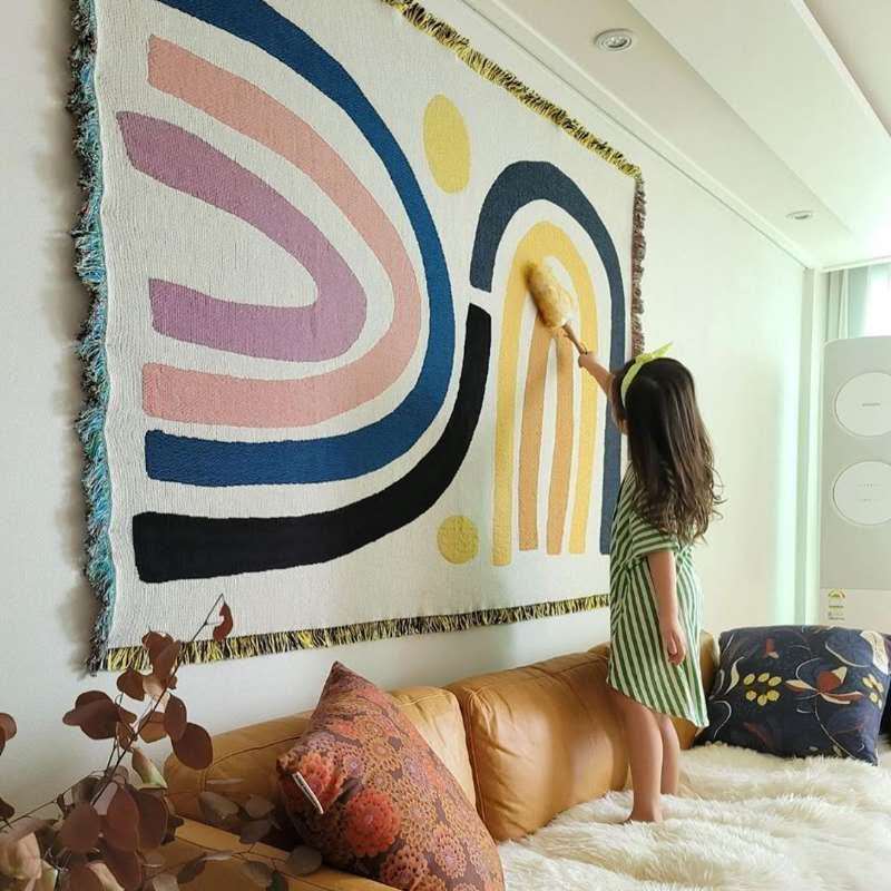 Boho Throw Blanket Fringe - 厚い綿の毛布,テキスタイル,都市,抽象的な虹のパターン,家の装飾,快適で柔らかいソファのタペストリー