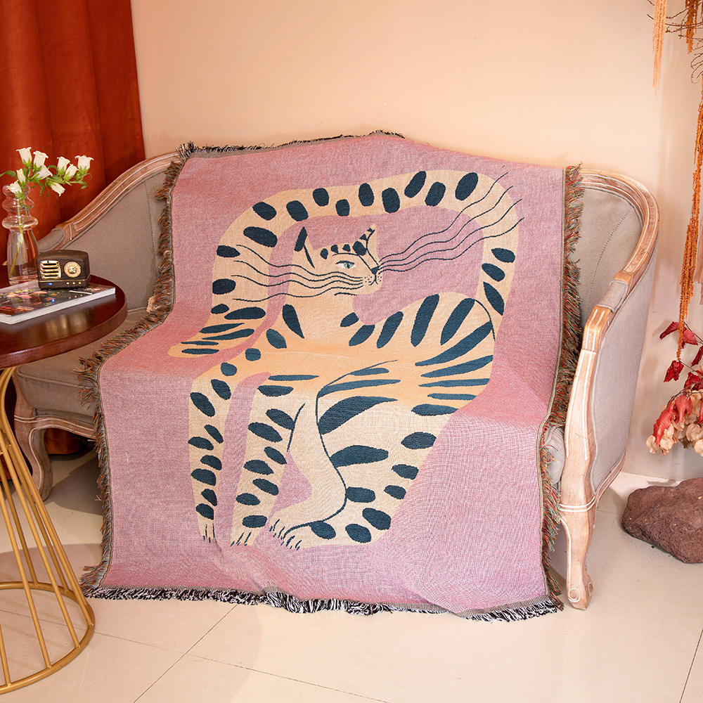 Boho Throw Blanket Fringe - ピンクの女の子のための猫のパターンが付いているポリエステルの毛布,家の装飾,ピクニックマット,130x160cm
