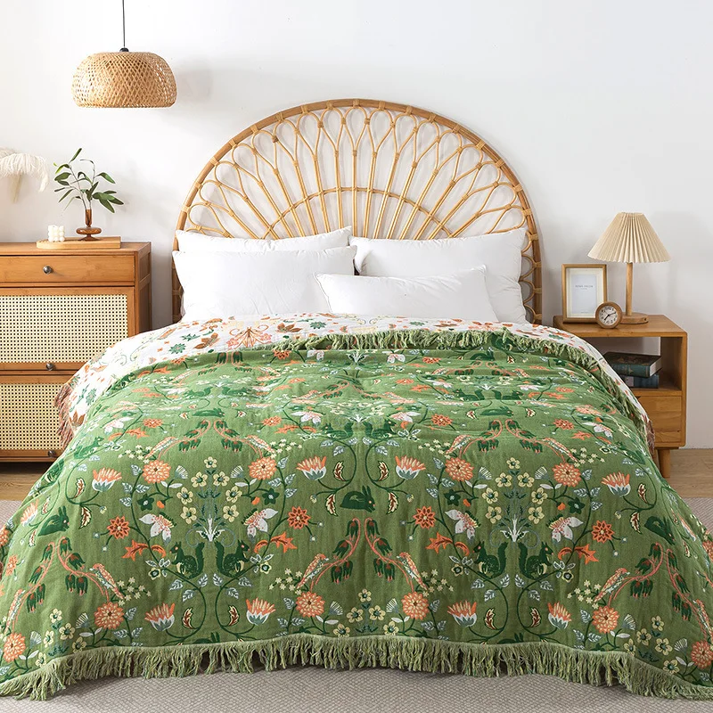 Muslin Cotton Bedspread - 純綿ブランケット モスリン織りタッセル付きスローケット ダブルカップル用ベッドカバーレット キルト AB面ベッドスプレッド 夏用昼寝ブランケット