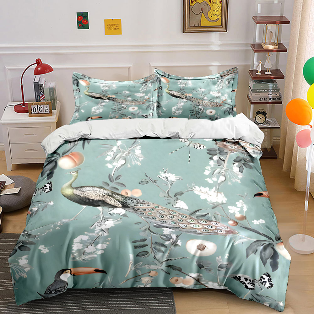 Aesthetic Floral Duvet Cover - 3PC ピーコックオオハシ花柄寝具セット、トロピカルバード＆ピーチプリント布団カバーセット、ヴィンテージ中国風の美学スタイル寝具