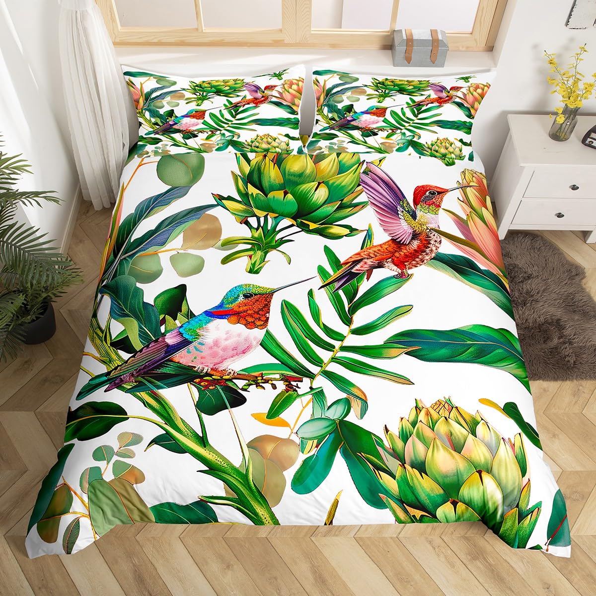 Aesthetic Floral Duvet Cover - ハミングバード寝具セット高級花鳥布団カバー水彩自然花風景掛け布団カバーポリエステルキルトカバー