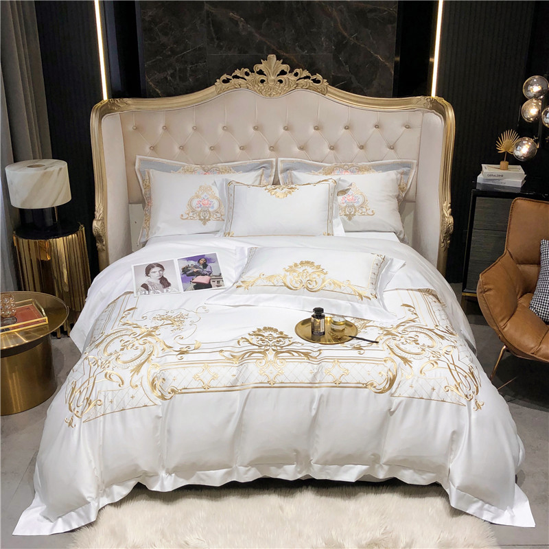 Fitted Bed Sheets Deep Pocket - ラージベッドシーツセット,白,エジプト綿,金の刺embroidery,コンフォーターカバー,シーツ