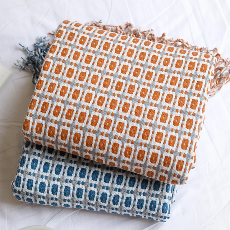 Boho Throw Blanket Fringe - 幾何学模様のジャカード織りスローケット、ボヘミアンチェック柄タッセルブランケット、モダンレトロ織りソファスローケット（フリンジ付き）