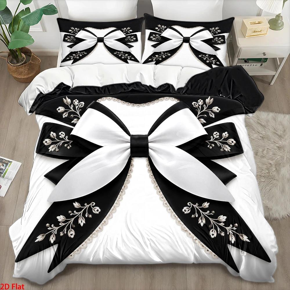 Duvet Cover Sets With Zipper - 3点セット ライトラグジュアリースタイル 黒と白の蝶結びプリント布団カバーセット、布団カバー1枚+枕カバー2枚、モダンミニマリストパーソナル寝具セット、肌に優しい、通気性、洗濯機で洗える、お手入れ簡単、耐久性、目に見えないジッパー、しわになりにくい、オールシーズン対応、レース刺繍寝室装飾寝具、自宅のマスターベッドルーム、ゲストルーム、学生寮に最適、北欧スタイル3点寝具セット、大型パーソナルベッドスプレッド、キルトカバー、キルティング布団カバー2Dフラット