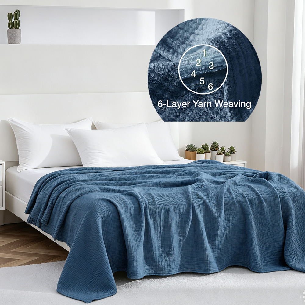 Muslin Cotton Bedspread - 6層コットンモスリンブランケット 軽量コットンスロー 冷感ソフトスローブランケット オールシーズン快適 通気性ベッドスプレッド