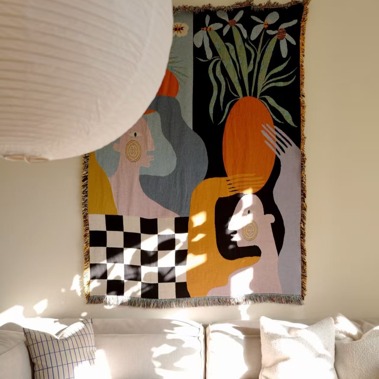 Boho Throw Blanket Fringe - モダンな抽象芸術タペストリー、ボヘミアン織りジャカード壁掛け、カラフルな幾何学模様とフリンジ付き装飾スローブランケット