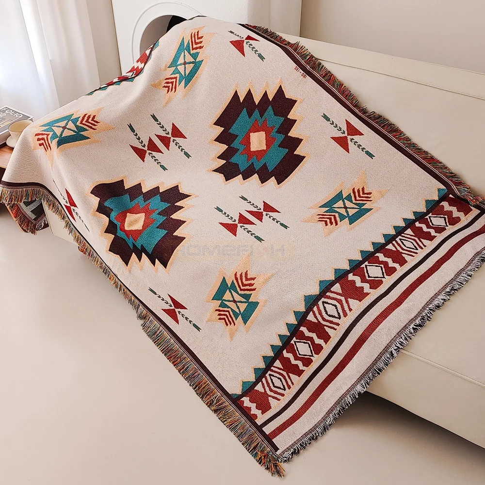 Boho Throw Blanket Fringe - アステカブランケット オーバーサイズ ボヘミアン スローブランケット フリンジ付き 南西部幾何学模様