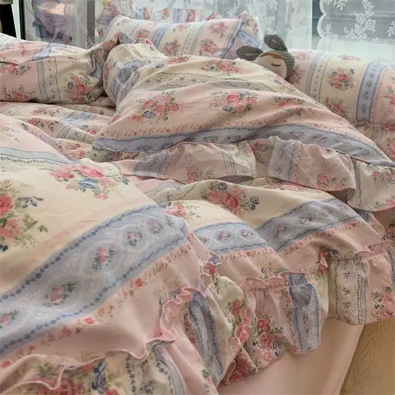 Aesthetic Floral Duvet Cover - 韓国スタイルプリンセス花寝具セット洗浄綿ヴィンテージフランス牧歌的な花レースフリル布団カバーセット枕カバー