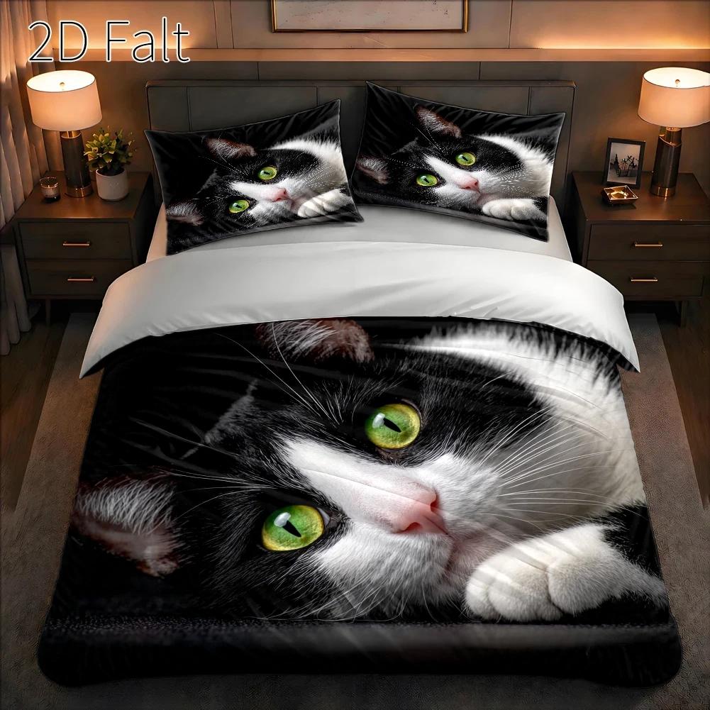 Duvet Cover Sets With Zipper - 3ピース布団カバーセット、布団カバー1枚+枕カバー2枚（詰め物なし）、黒猫と花柄のテーマ、モダンアートスタイル、国際猫の日、オールシーズン対応、洗濯機で洗える、見えないジッパー、家庭、寮、マスターベッドルーム、ゲストルームに最適