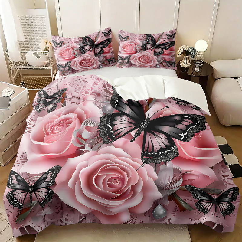 Aesthetic Floral Duvet Cover - ピンクローズブラックバタフライプリント布団カバーセットレース花柄寝具ソフト掛け布団シャムロマンチックな美的寝室の装飾
