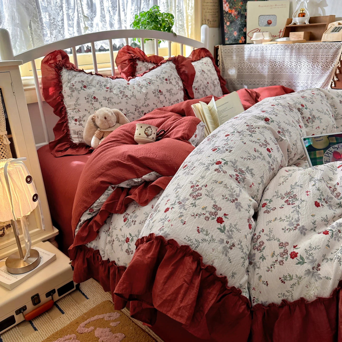 Aesthetic Floral Duvet Cover - フランスのヴィンテージ風寝具セット カントリースタイル 花柄フリル掛け布団カバーセット 枕カバー2枚 ツイン・フル・クイーン・キングサイズ