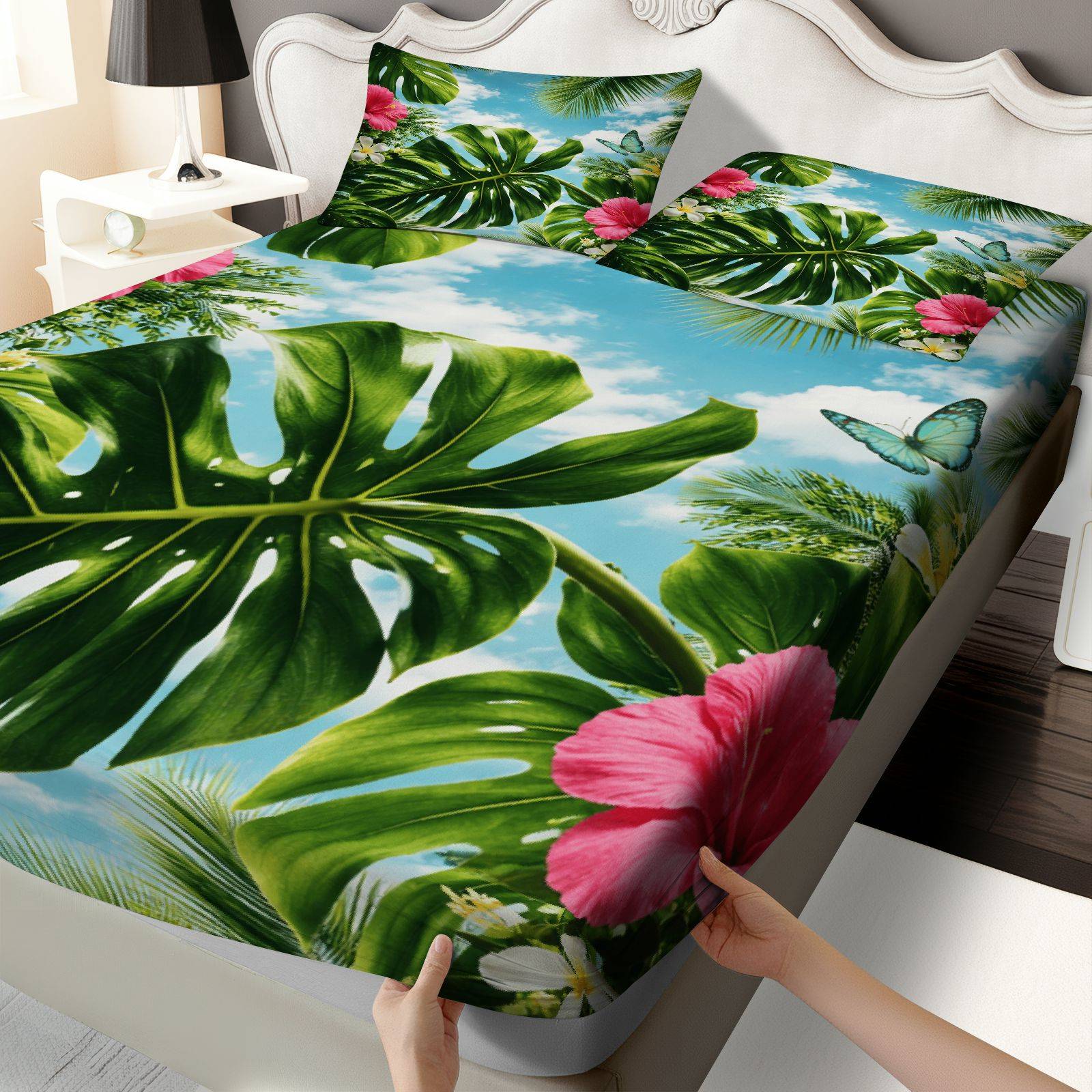 Fitted Bed Sheets Deep Pocket - トロピカルハイビスカス柄ベッドシーツセット、サマーテーマ、トロピカルフローラル寝具、マットレスプロテクター、3点寝具セット（フィットシーツ1枚＋枕カバー2枚を含む）、大容量ディープポケット2Dプリントフィットシーツと枕カバー2枚、寝具マットレスプロテクター、伸縮性のあるフィットシーツスタイル、保護カバー、マットレスプロテクター、オールシーズン対応、洗濯機で洗えるデザイン、ホリデーデコレーション、各種サイズ、通気性のある保護カバーと枕カバー。