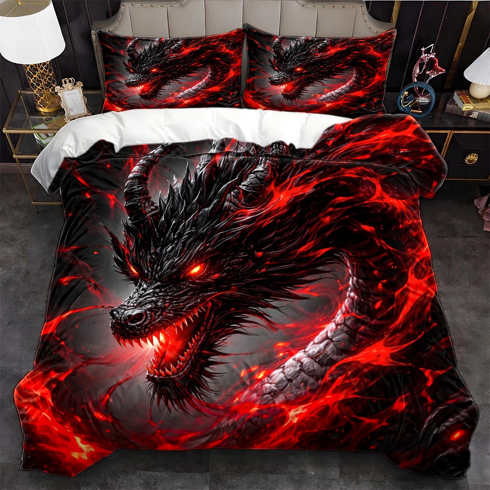 Duvet Cover Sets With Zipper - ダークドラゴン3点セット掛け布団カバーセット、オールシーズン対応、洗濯機で洗える寝具、枕カバー2枚付き、ダブルベッド用隠しジッパー