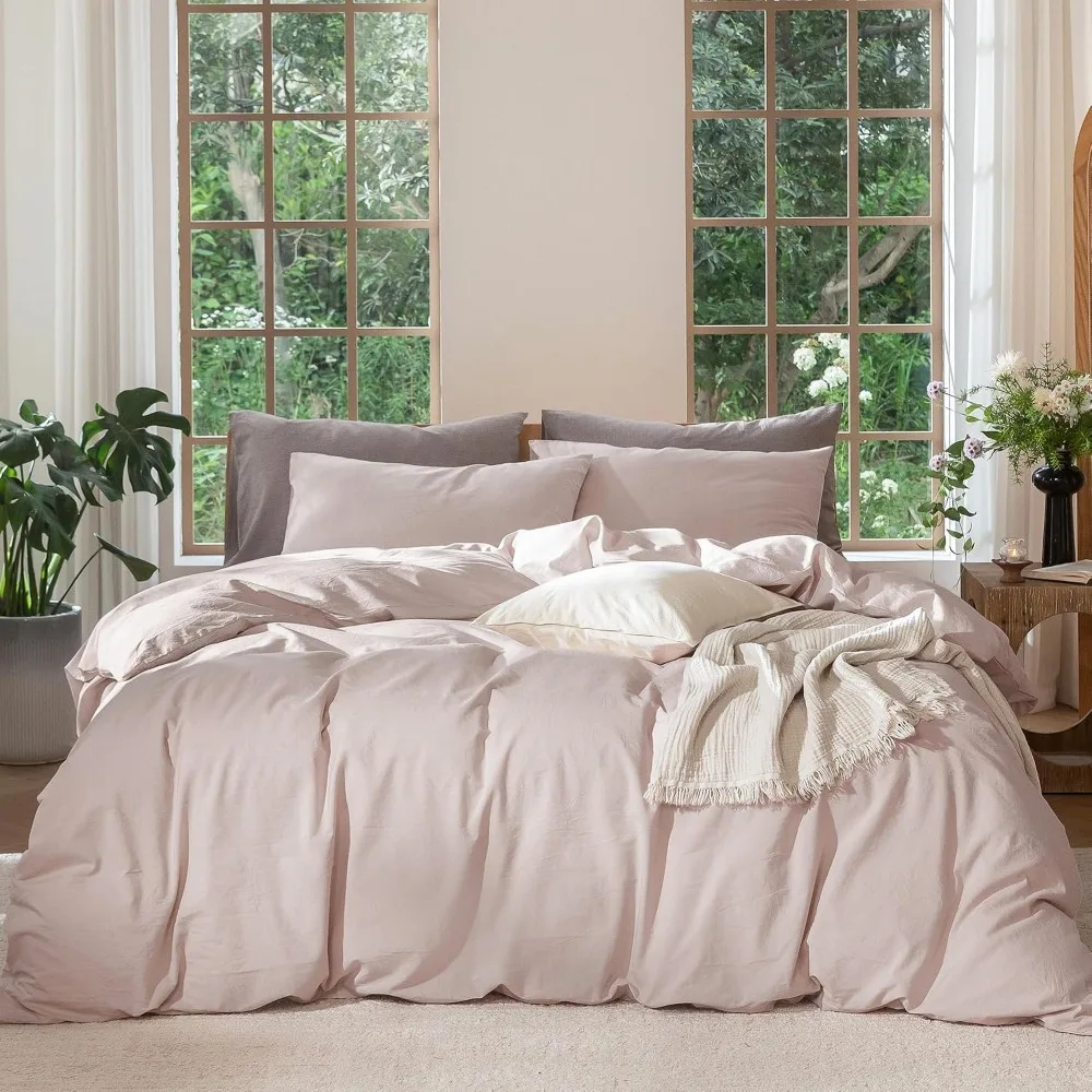 Duvet Cover Sets With Zipper - 掛け布団カバーセット 100% ウォッシュドコットン クイーンサイズ | 柔らかく、通気性があり、軽量、隠しジッパー
