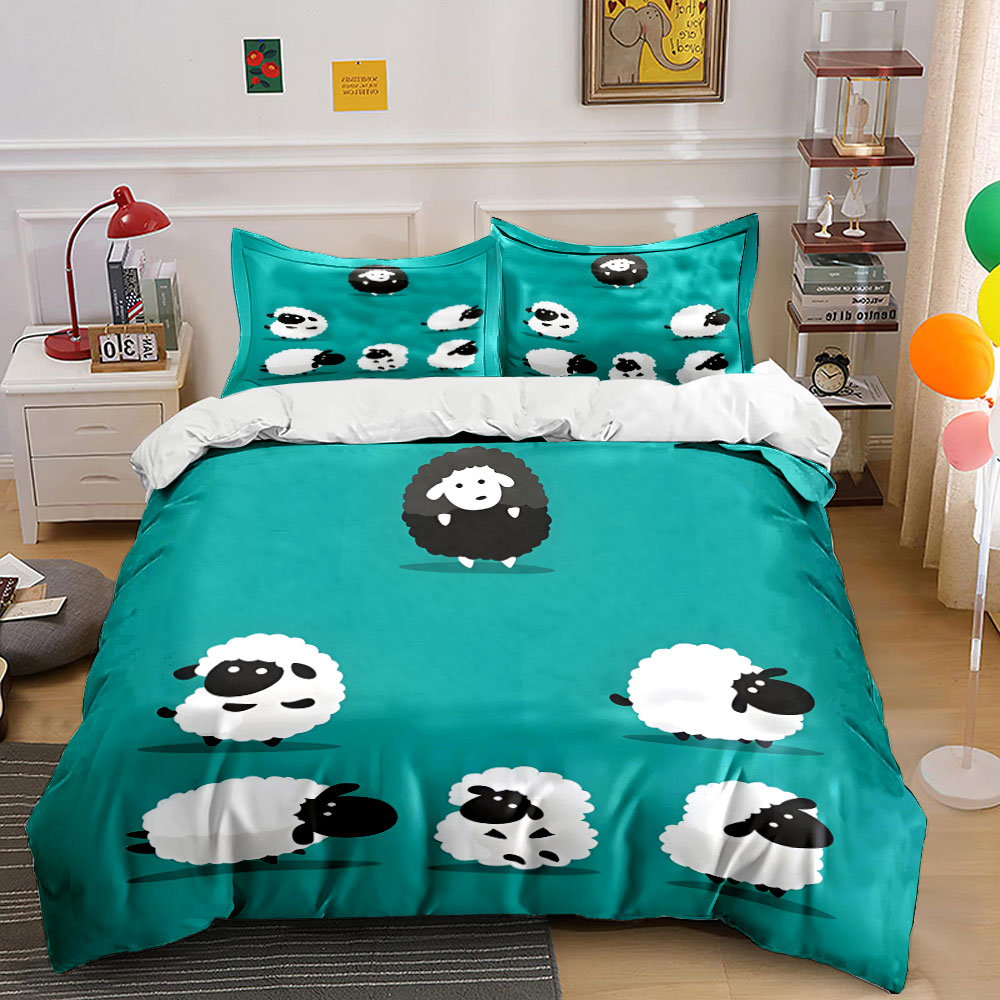 Duvet Cover Sets With Zipper - 漫画の羊と黒い羊のパターンの布団カバーセット、デジタルプリントのカラフルなポリエステル寝具、ジッパー開閉式、子供へのプレゼントに最適