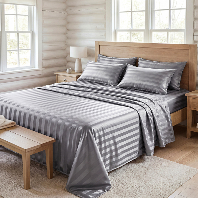 Fitted Bed Sheets Deep Pocket - しわになりにくいストライプサテンベッドシーツセット、冷却シルク寝具セット（深型フィットシーツ、フラットシーツ、枕カバー付き）