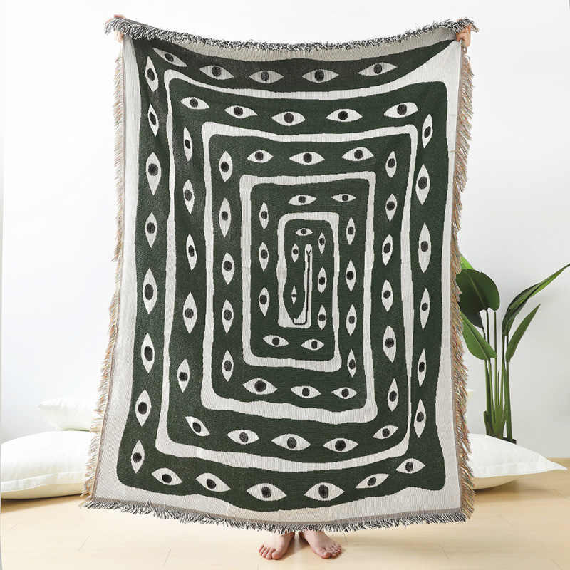 Boho Throw Blanket Fringe - グリーンホワイト邪眼ジャカードスローブランケット抽象的な目の模様ボヘミアンタペストリーフリンジ付き神秘的な部族装飾ソファ用スローブランケット