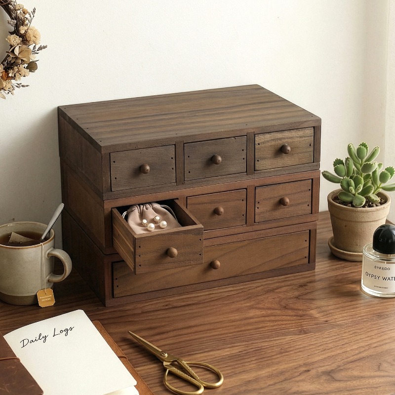 Storage & Organization - 木製デスクトップ収納ボックスモニター高さ調整棚ジュエリー引き出し仕上げミニ学生文具収納キャビネット