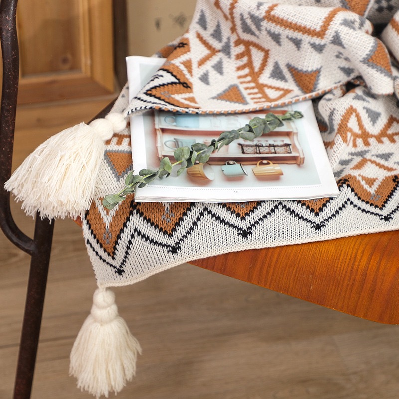 Boho Throw Blanket Fringe - ボヘミアン風サウスウェスタンフリンジ付きスローブランケット、砂漠の夕焼け、エスニック幾何学模様織りカバー、ソファ、寝室、屋外、屋内用