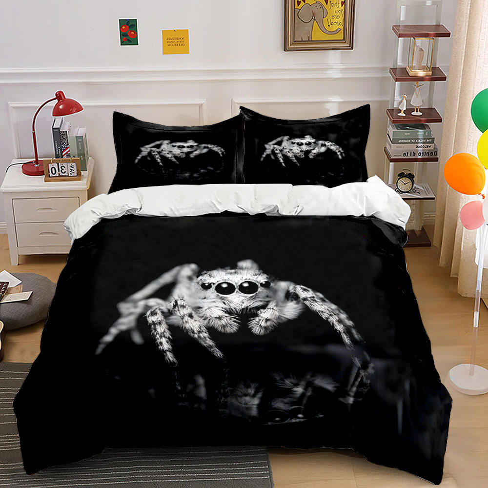 Duvet Cover Sets With Zipper - ジャンピングスパイダー黒と白のダークスタイルパターン布団カバーセットデジタルプリントカラフルなポリエステル寝具、ジッパー開閉付き