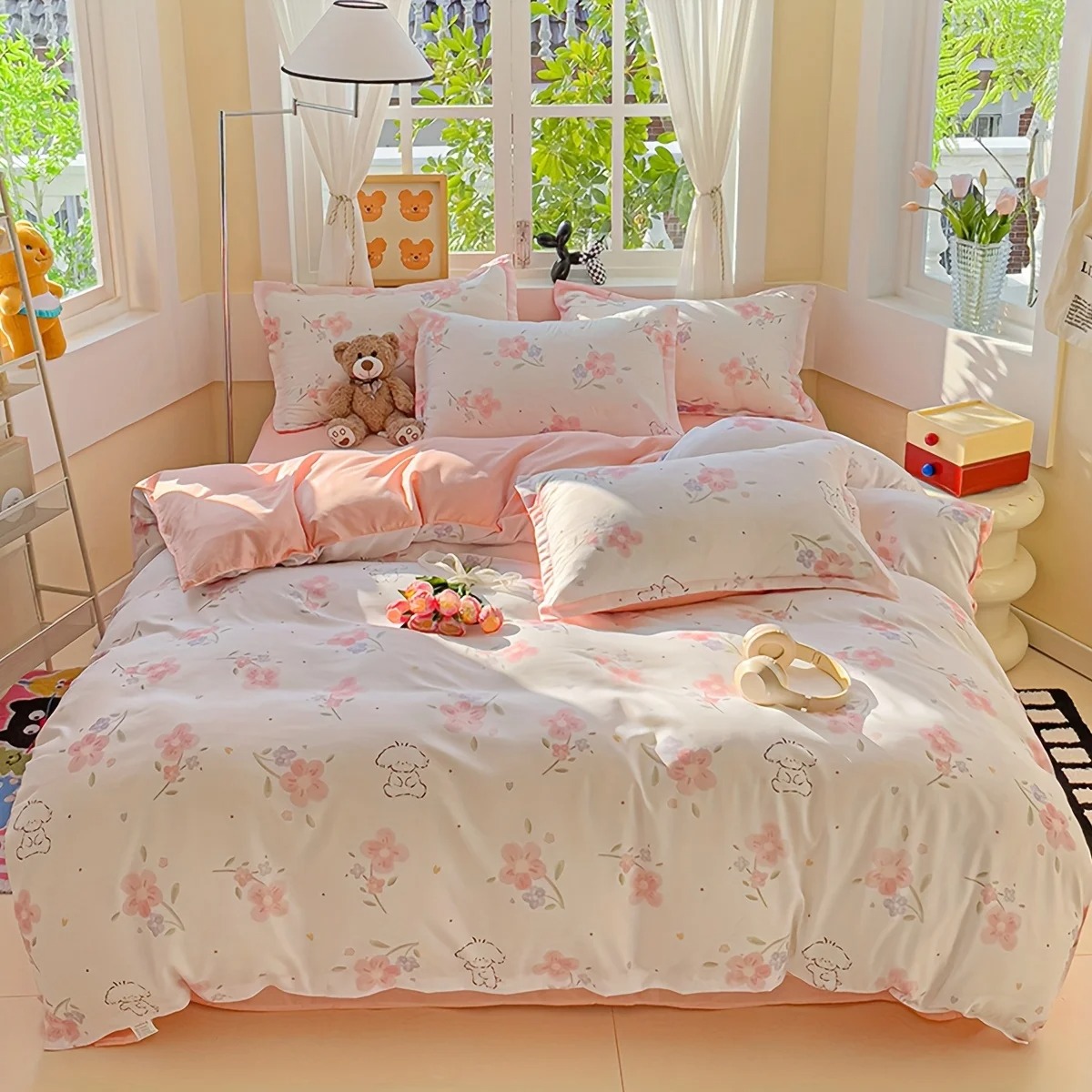 4点セット ソフト無地花柄植物プリントキルトカバーセット、羽 - Duvet Cover Sets With Zipper のレビューと価格