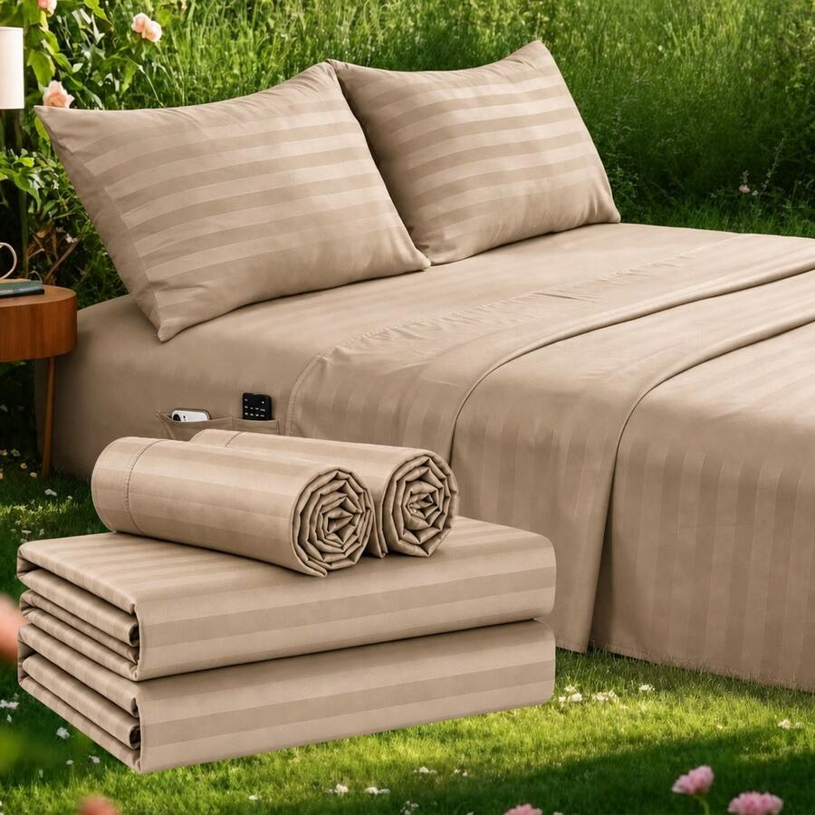 ストライプ柄クーリングシーツセット キングサイズ - フィッ - Fitted Bed Sheets Deep Pocket のレビューと価格