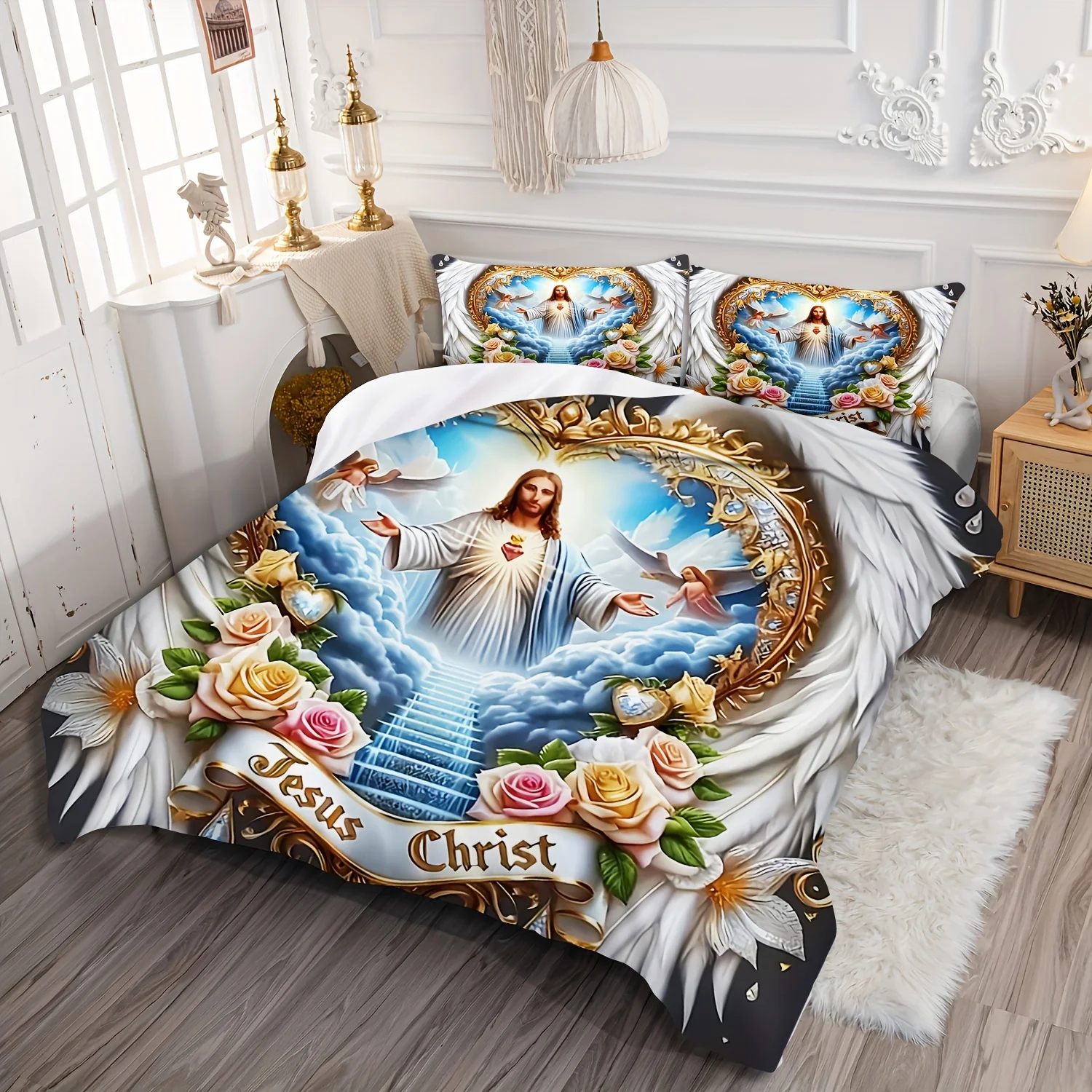 聖なる献身の翼 クロスフラワー エンジェル イエス 天への扉 - Duvet Cover Sets With Zipper のレビューと価格