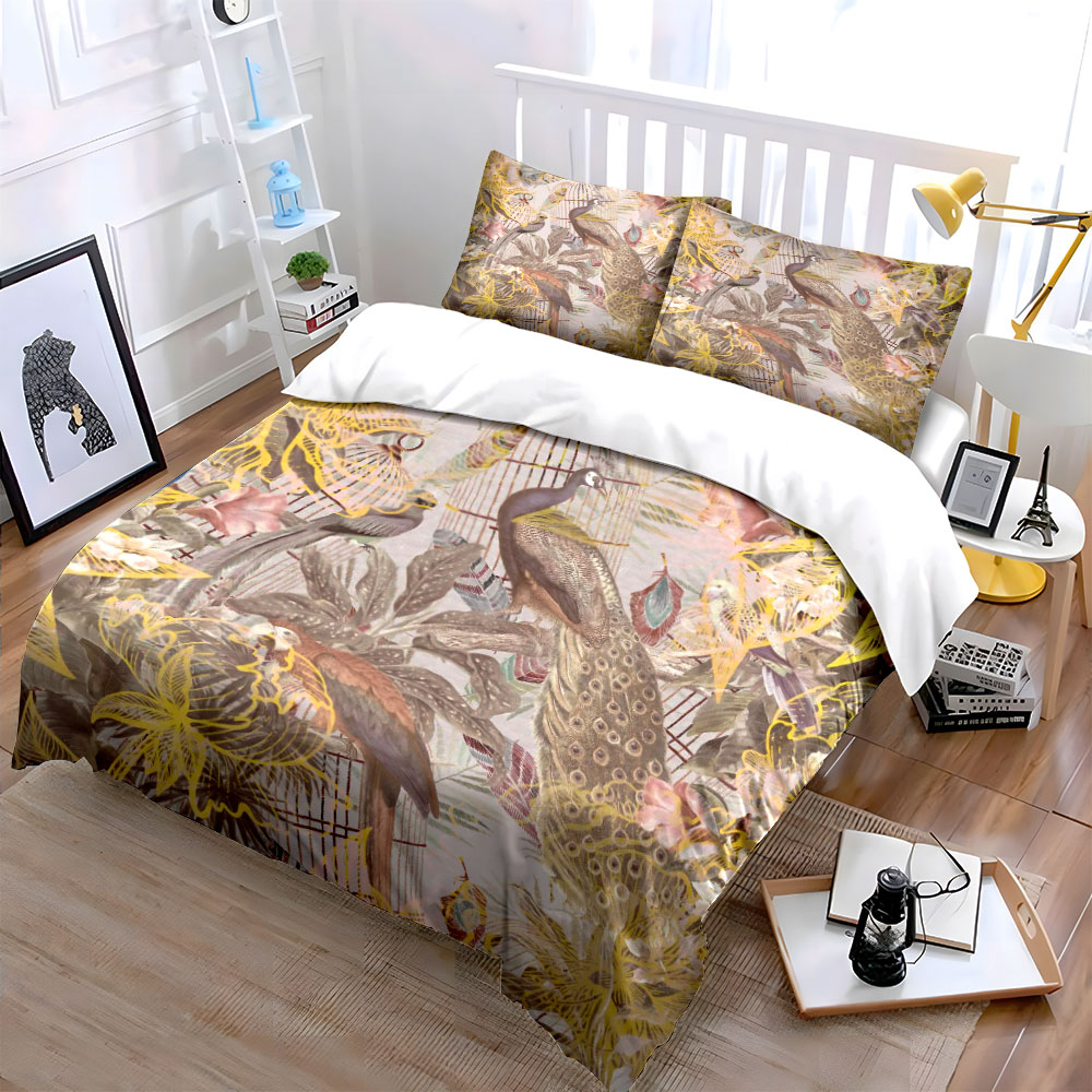 ヴィンテージ孔雀鳥かご寝具セット、レトロな花柄植物プリント布 - Aesthetic Floral Duvet Cover のレビューと価格