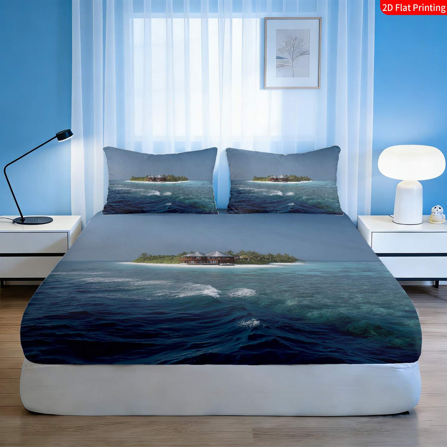 トロピカルアイランド寝具セット ヤシの木と水上小屋プリントの - Fitted Bed Sheets Deep Pocket のレビューと価格