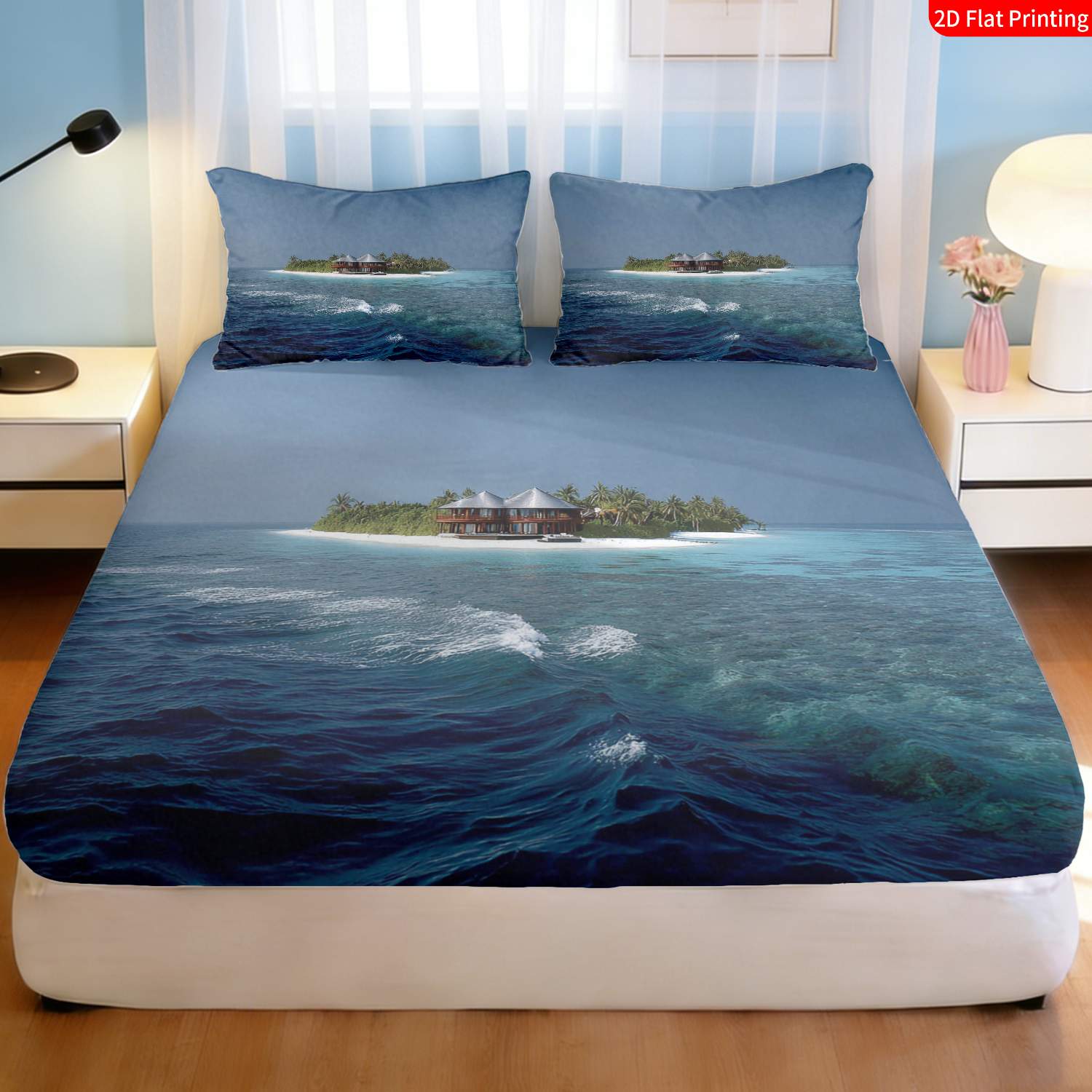 トロピカルアイランド寝具セット ヤシの木と水上小屋プリントの - Fitted Bed Sheets Deep Pocket のレビューと価格