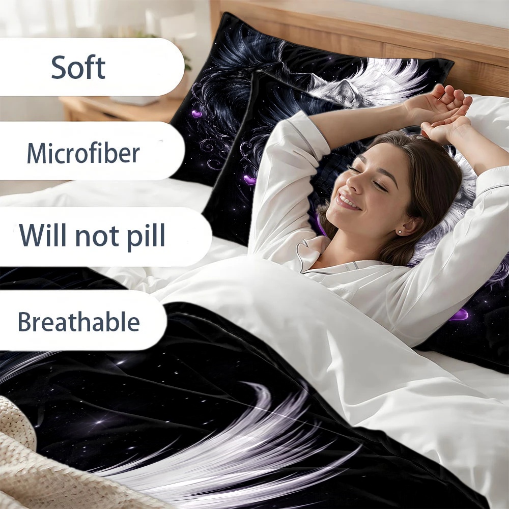 3ピース人気商品黒と白のダブルウルフハートプリント布団カバー - Duvet Cover Sets With Zipper のレビューと価格