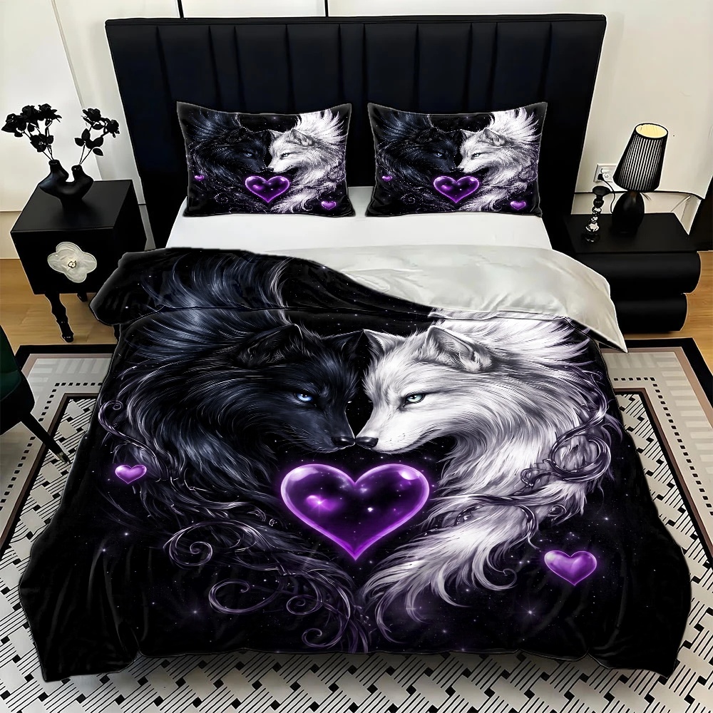 3ピース人気商品黒と白のダブルウルフハートプリント布団カバー - Duvet Cover Sets With Zipper のレビューと価格