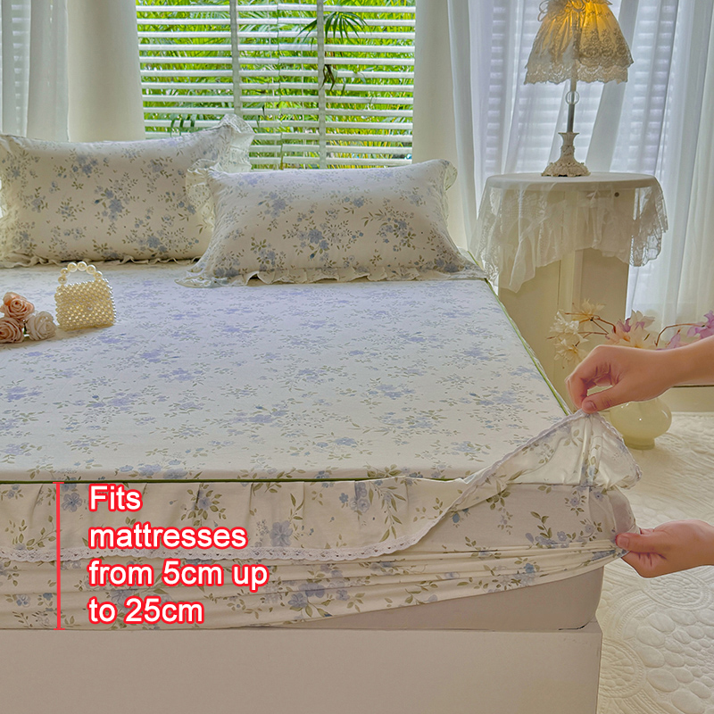 100%コットン製花柄プリントフリル付きフィットシーツ、レー - Fitted Bed Sheets Deep Pocket のレビューと価格