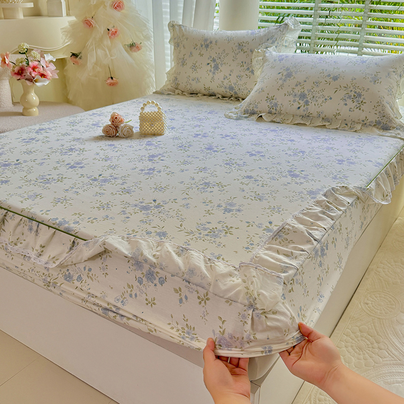 100%コットン製花柄プリントフリル付きフィットシーツ、レー - Fitted Bed Sheets Deep Pocket のレビューと価格