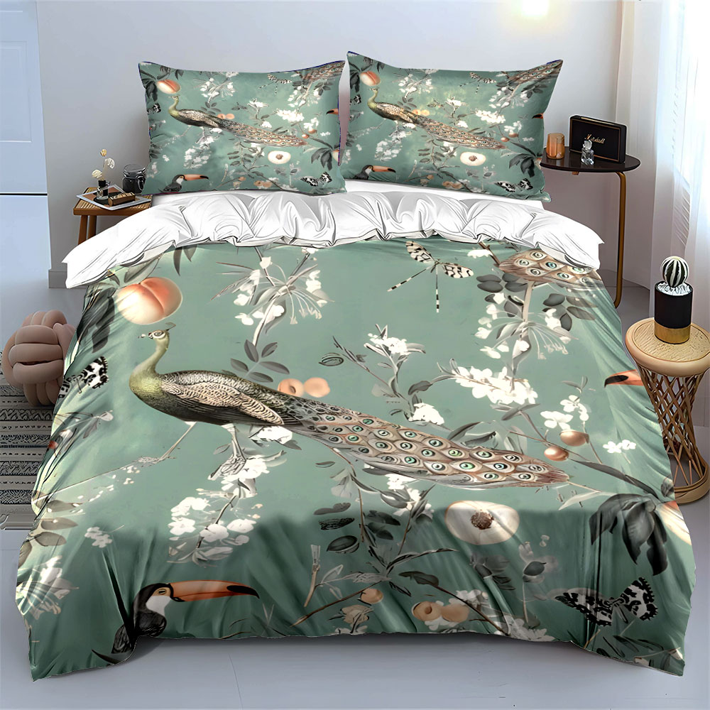 3PC ピーコックオオハシ花柄寝具セット、トロピカルバード＆ - Aesthetic Floral Duvet Cover のレビューと価格