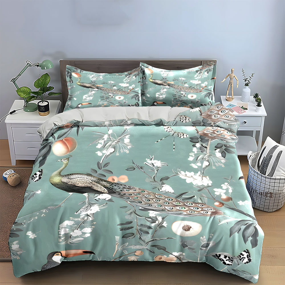 3PC ピーコックオオハシ花柄寝具セット、トロピカルバード＆ - Aesthetic Floral Duvet Cover のレビューと価格