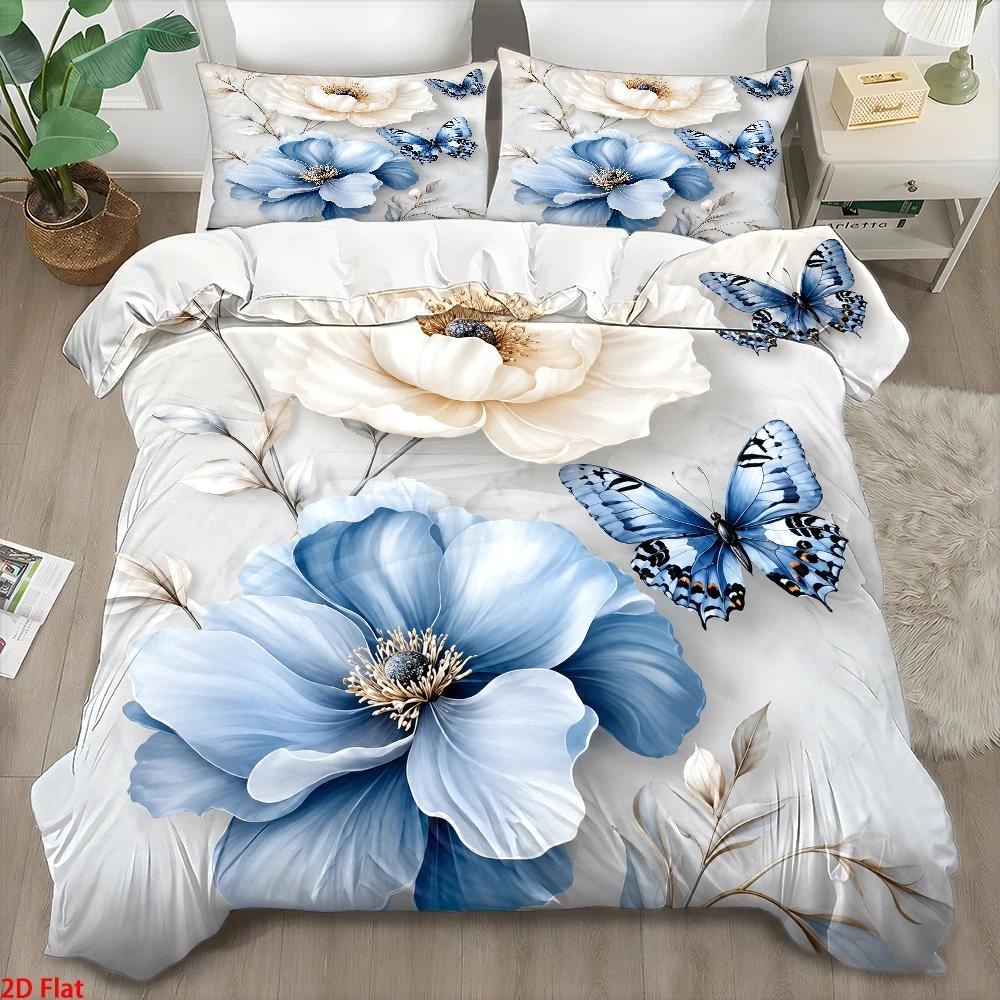 3ピースライトラグジュアリースタイル青と白の花柄蝶プリント布 - Duvet Cover Sets With Zipper のレビューと価格
