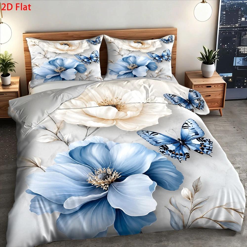 3ピースライトラグジュアリースタイル青と白の花柄蝶プリント布 - Duvet Cover Sets With Zipper のレビューと価格