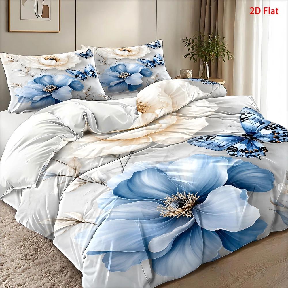 3ピースライトラグジュアリースタイル青と白の花柄蝶プリント布 - Duvet Cover Sets With Zipper のレビューと価格