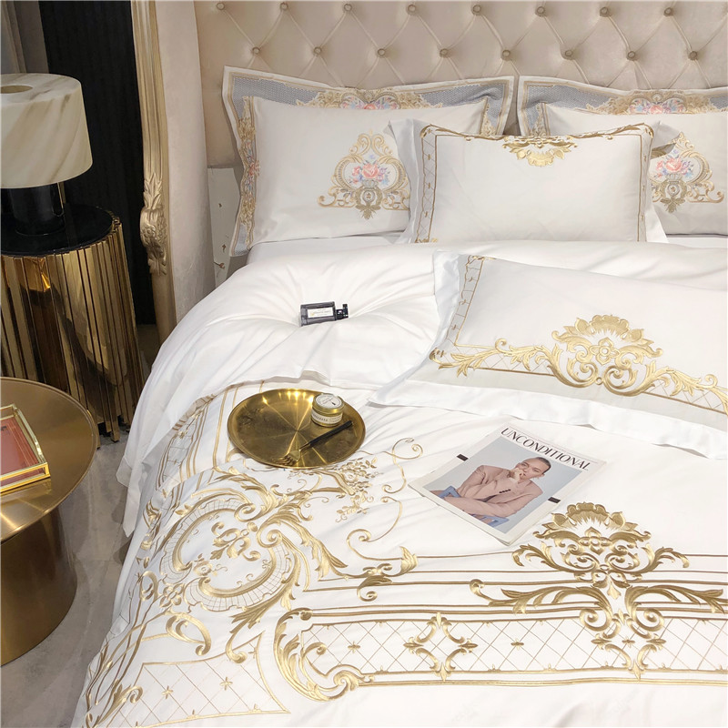 ラージベッドシーツセット,白,エジプト綿,金の刺embroi - Fitted Bed Sheets Deep Pocket のレビューと価格