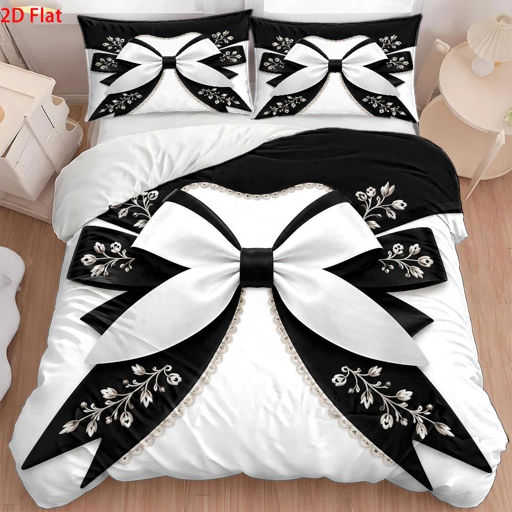 3点セット ライトラグジュアリースタイル 黒と白の蝶結びプリ - Duvet Cover Sets With Zipper のレビューと価格