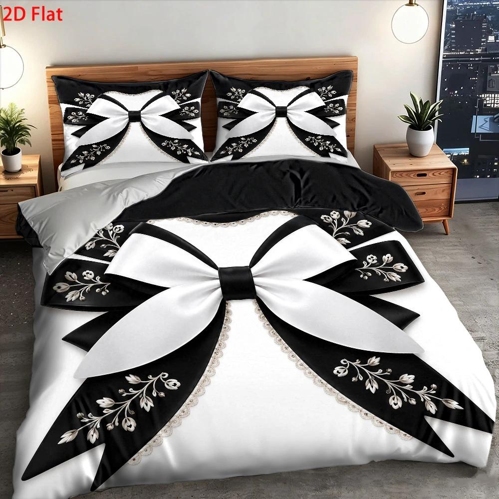 3点セット ライトラグジュアリースタイル 黒と白の蝶結びプリ - Duvet Cover Sets With Zipper のレビューと価格