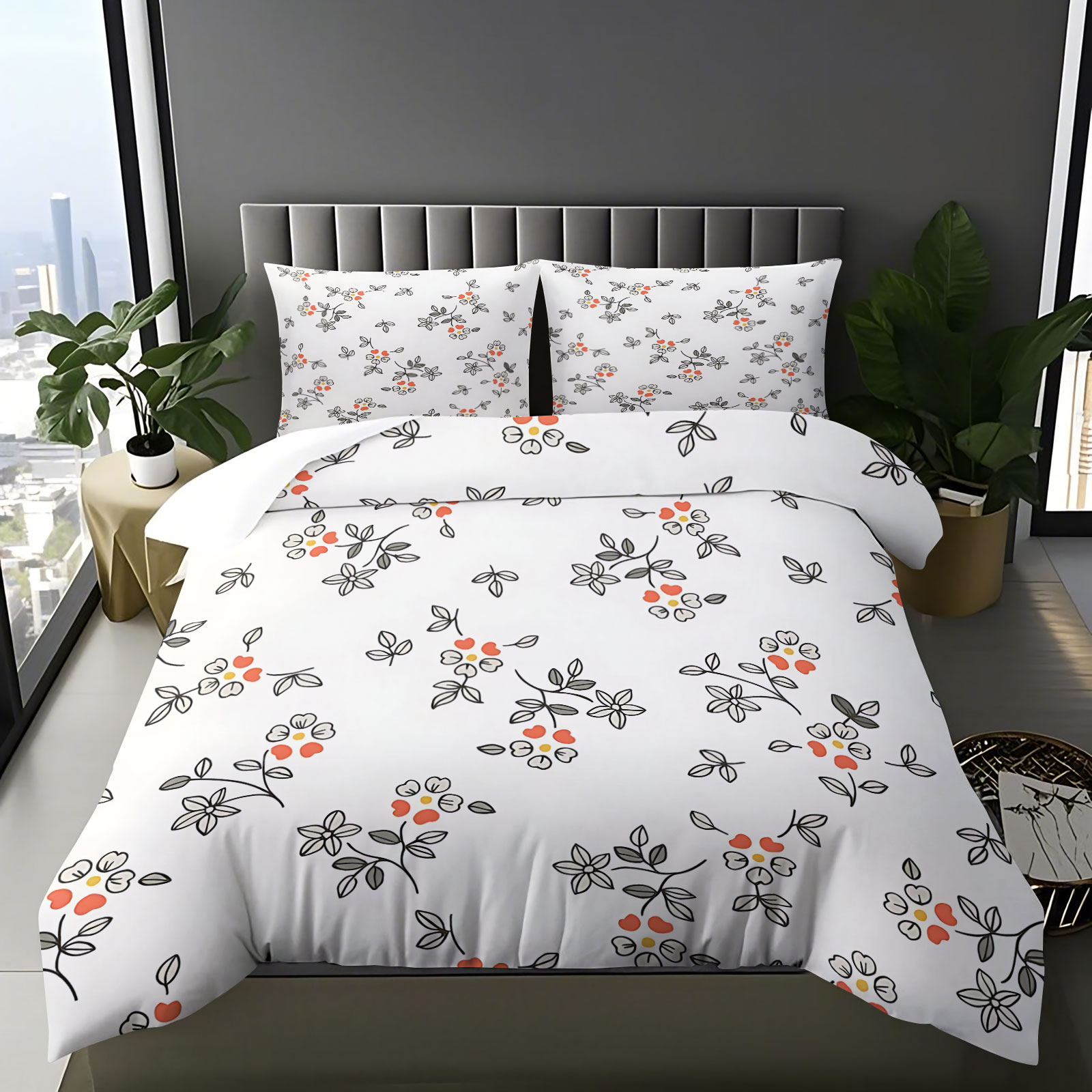 ミニマルな手描きの細い線オレンジレッドの小さな花柄2/3ピー - Aesthetic Floral Duvet Cover のレビューと価格