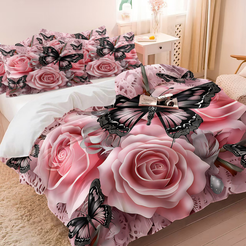 ピンクローズブラックバタフライプリント布団カバーセットレース - Aesthetic Floral Duvet Cover のレビューと価格