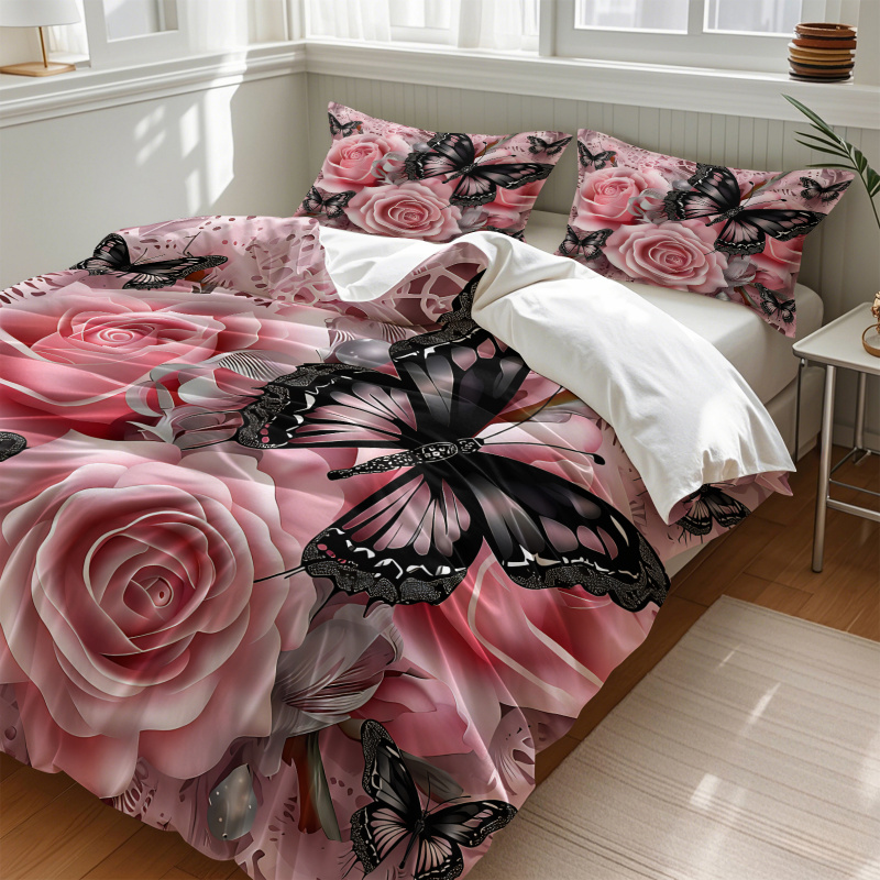 ピンクローズブラックバタフライプリント布団カバーセットレース - Aesthetic Floral Duvet Cover のレビューと価格
